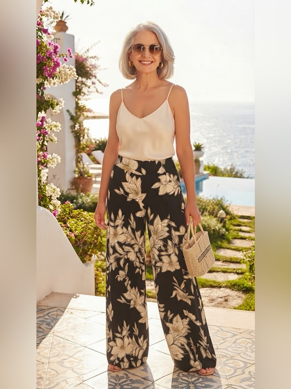 SIZE XL Isaac Mizrahi Live!® Women's Black Floral Pants Wide Leg Pull On